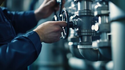 Plumbing specialist connecting industrial pipes for a commercial building. Featuring expertise and installation