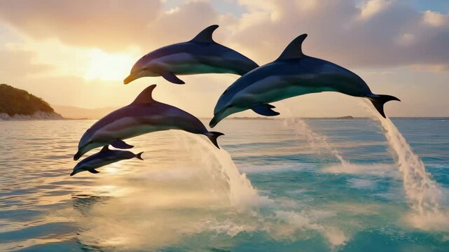 Graceful dolphins jumping together in orange-pink sunset. 