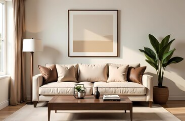 Modern interior design with Pantone 2025 Colour of the Year Mocha Mousse. Living room in warm mocha color trend 2025. Soft sofa, elegant wall color, plants.