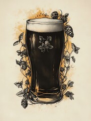 Craft beer in a glass with hops illustration.