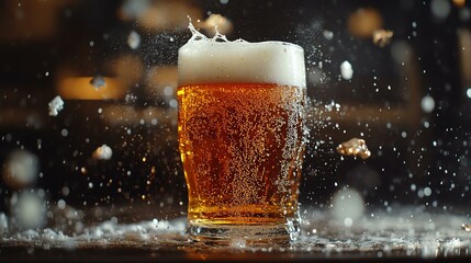 Refreshing beer with foam and bubbles splashing.