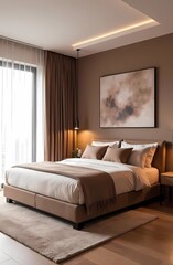 Modern interior design using Pantone 2025 Mocha Mousse color of the year. Soft pastels in calm tones. Elegant bedroom interior.
