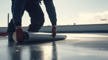 Fototapeta premium Roofer applying a waterproof membrane on a flat roof. Featuring expertise and care