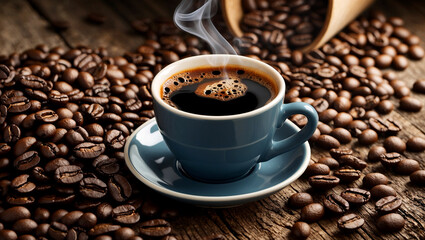 Fototapeta premium Steaming cup of black coffee on rustic table