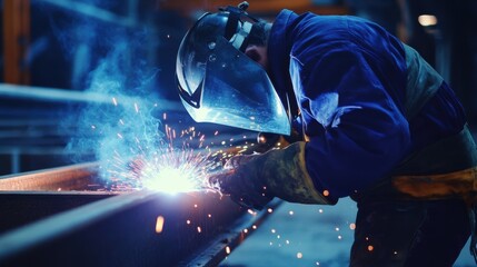 Steelworker welding reinforced steel beams for a skyscraper framework. Featuring precision and strength