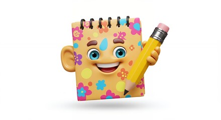 Obraz premium Smiling cartoon notebook character with pencil illustration