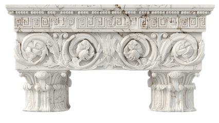 Png of Intricate white marble fireplace mantel featuring classical motifs, showcasing craftsmanship and detailed carvings.