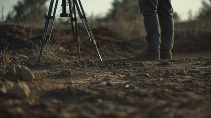 Surveyor inspecting land to define property boundaries for a development project. Featuring precision and clarity