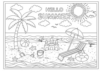 Hello Summer Beach scene coloring page fun summer activities palm tree sandcastle beach chair