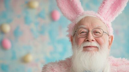 Portrait of funny positive elderly pensioner wear pink bunny costume and rabbit ears headband impressed staring isolated on blue color background with copy space for text.