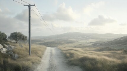A rural pathway winds through a sun-drenched landscape.