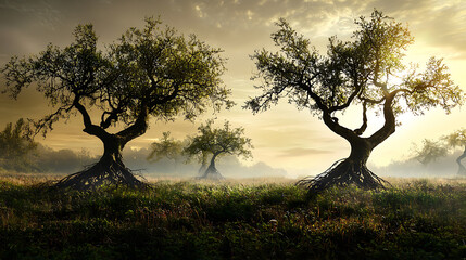 Two trees with roots sticking out of the ground. Generated using AI.