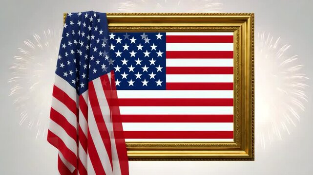 American flag draped on golden frame with fireworks background for patriotic celebration day
