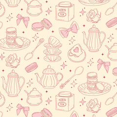 Pattern with coquette vintage tableware, macaroons, roses, stars and bows. Pink delicate background for wedding invitation, valentine, wallpaper design, scrapbook. Vector background in doodle style.