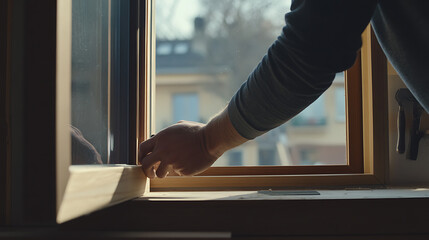 Carpenter assembling custom wooden window frames. Highlighting woodworking and custom home improvement