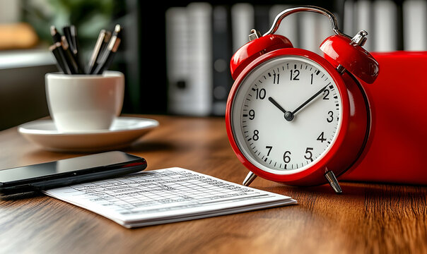 A vibrant red alarm clock on a wooden desk beside a coffee cup and paperwork, with office supplies in the background