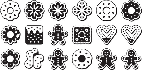 Vector icon set of assorted cookies and biscuits sweet snack illustrations, dessert symbols, bakery treats, outline graphics