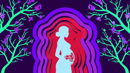 Pregnant woman silhouette amidst vibrant flowers and layered paper art purple red tones