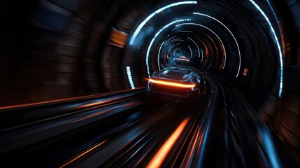 Futuristic car speeding through glowing tunnel, motion blur