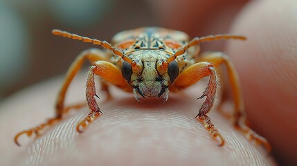 Fototapeta premium Close-up of a colorful longhorn beetle resting on a finger