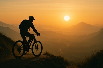 Fototapeta premium Mountain Biker at Sunrise - Inspirational Landscape Adventure