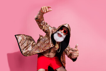 Photo of crazy funny aged man cheeky dance hip hop boxer wear glamour leopard print clothes...