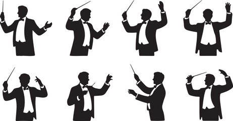 Silhouette vector of orchestra conductors in various conducting poses music director icons, classical performance gestures design
