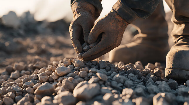 Miner sorting rocks by size at a lithium mining site. Featuring rock sorting