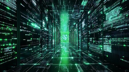 Green digital tunnel with abstract circuit board pattern and light in center.