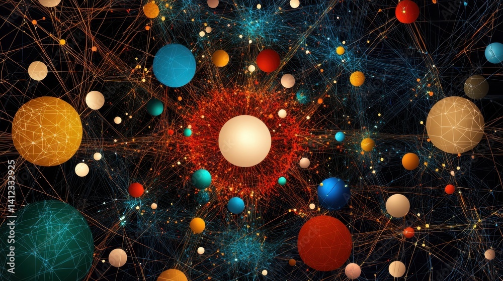 Poster abstract network of glowing dots and lines on dark gradient tech background