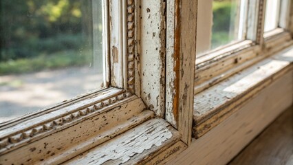 Cracked Peeling Window Frame Corner with Faded Color and Fragile Texture Representing Decay and Time