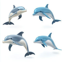 Fototapeta premium Dolphins in Motion: Four playful dolphins, each a vibrant depiction of aquatic grace, dance against a clean canvas, their sleek forms captured in dynamic poses, epitomizing marine beauty.