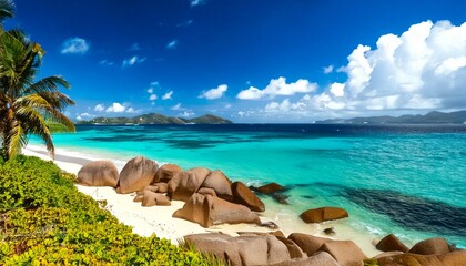 Beautiful tropical beach with palm trees, sunset beach seascape, design template for travel banner.