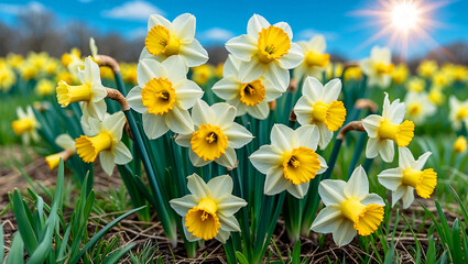 Obraz premium Vibrant spring field of yellow daffodils under azure sky
