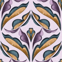 Art Nouveau Floral Symmetry,Decorative and stylized floral repeat pattern. Ideal for fabric printing, stationery design, and unique home decor items.