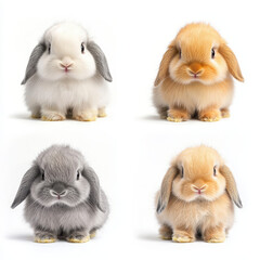 Obraz premium Adorable Baby Lop Rabbits: Four charming baby lop rabbits in various colors—white, orange, gray, and light orange—pose adorably against a clean backdrop.