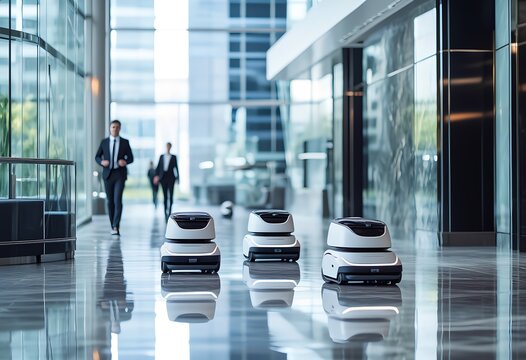 Business professionals walking in a modern office building alongside service robots during the day