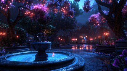 Obraz premium Magical night garden fountain, tranquil scene, glowing trees, park, decorative, use for fairytale, fantasy, game backgrounds
