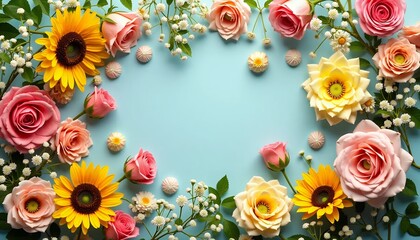 Floral-Frame-Sunflowers-Roses-BabyBreath-LightBlue-Background