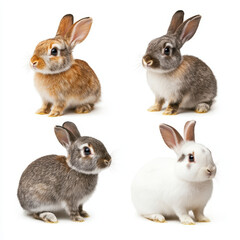 Fototapeta premium Adorable Bunny Collection: Four charming bunnies with different fur colors and patterns sit in a captivating arrangement. The collection features a brown, gray, gray and white, and white bunny.