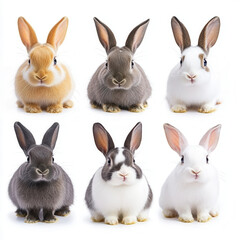 Fototapeta premium Six Adorable Rabbits: A charming composition showcasing six different bunnies, each with unique coat colors and endearing expressions, evokes warmth, curiosity.