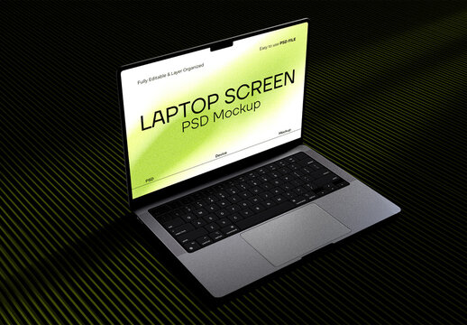 Mockup of open laptop with customizable screen