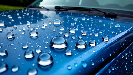 Water drops beading on blue car hood