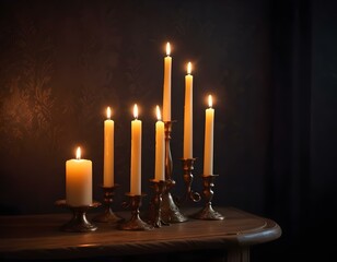 Burning candles oncandlestick against dark background at home. Vintage style. Calm romantic atmosphere. candles in the interior