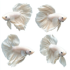Obraz premium Celestial Silhouettes: Four pristine, radiant white betta fish showcase an ethereal dance in a symphony of aquatic grace, their flowing fins capturing the very essence of serenity and aquatic beauty.