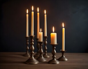 Burning candles oncandlestick against dark background at home. Vintage style. Calm romantic atmosphere. candles in the interior