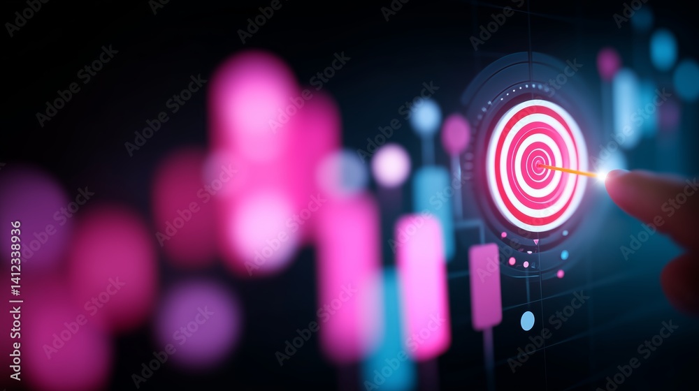 Poster target hits and data visualizations display analytics progress in a digital environment
