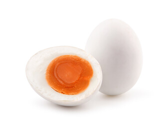 Salted egg with cut in half isolated on white background.