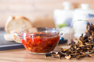Diet red borscht with dried mushrooms