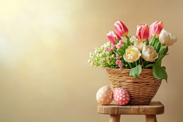 Obraz premium Easter tulips and eggs in a wicker basket.